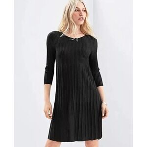 Eileen Fisher Black Ribbed Pleated 100% Wool Knit Dress Small PP